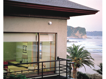 Hotel facade in summer.